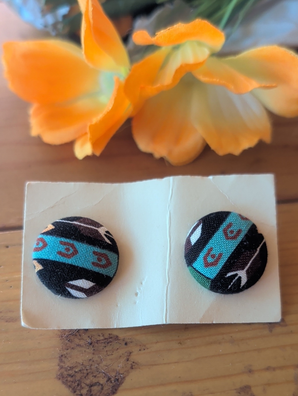 Handmade Fabric Button Earrings — Turquoise & Black